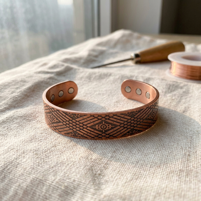 Cuivre Romane herringbone wide copper cuff bracelet on linen