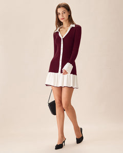 Grenat Aveline Bell-Sleeve Knit Mini Dress in wine red