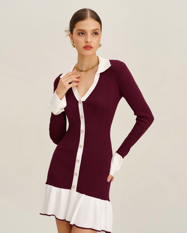Grenat Aveline Bell-Sleeve Knit Mini Dress in wine red, front view