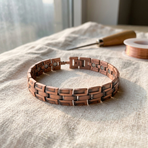 Cuivre Bastien brick link copper bracelet on linen